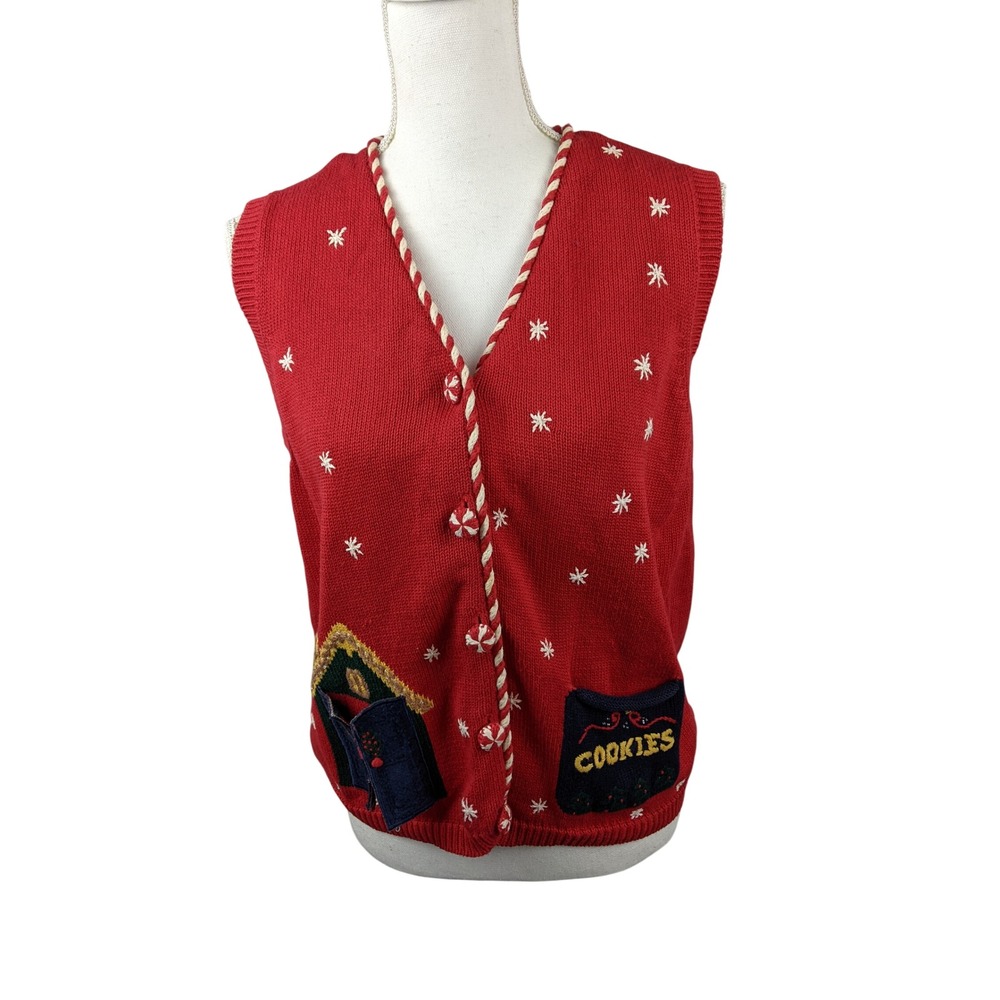 Eagle's Eye Womens Vintage Gingerbread Christmas Sweater Vest Red Large Holiday